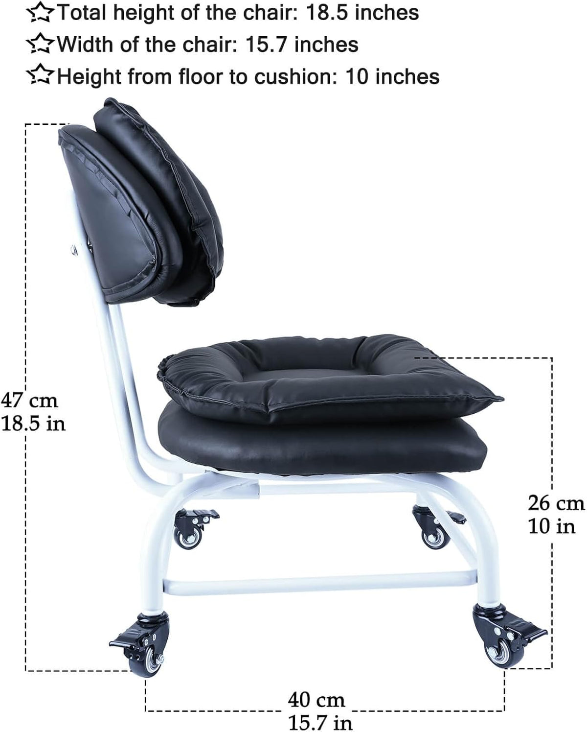 Rolling Stool Wide Seat with Back Rolling Chair 4 Wheels with Brakes for Home Office Garage Shop Waterproof Roller Seat Durable Steel Stand Black