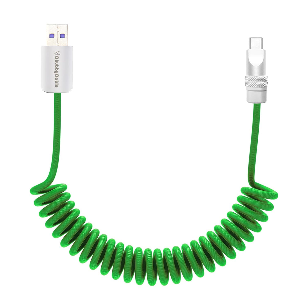 chubbycable Curly Chubby - Retractable Fast Charging Cable 240W Coiled Charger Cord for Car Durable USB-C Cable for Phones, Tablets and More, Green, USB-A to Type-C, 1.3FT-2.3FT