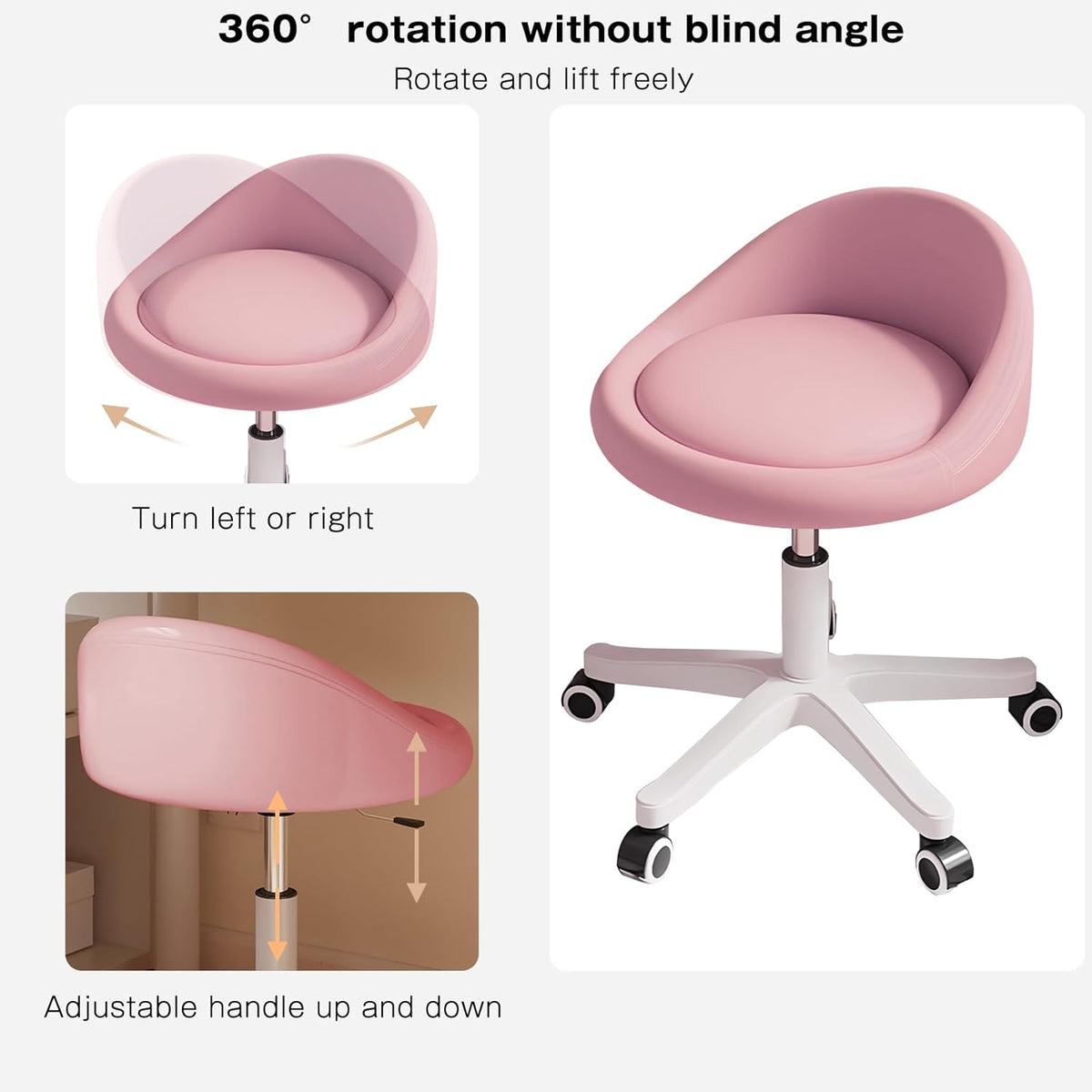 Rolling Stool Set of 6 Rolling Hydraulic Salon Stool with Low Backrest - Adjustable Swivel Chair for SPA, Shop, Salon, Massage, or Medical Office Pink