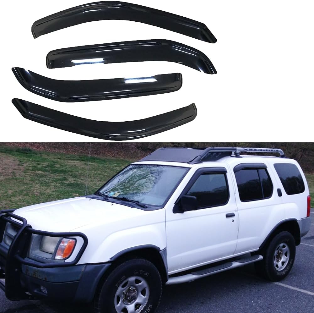 4pcs Out-Channel Tape On Side Wind Vent Deflector,Dark Smoke Sun Rain Guard,Nice Window Visor fit for 2000-2004 Nissan Xterra All Models 94719