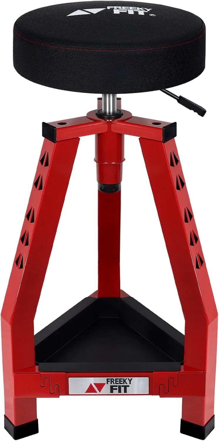 Adjustable Tall Shop Stool, Mechanic Garage Bar Stool Chair, Work Metal Chair for Workshop,360° Swivel Padded Seat, Tool Tray Storage, 350 LBS Capacity, Heavy Duty, Red