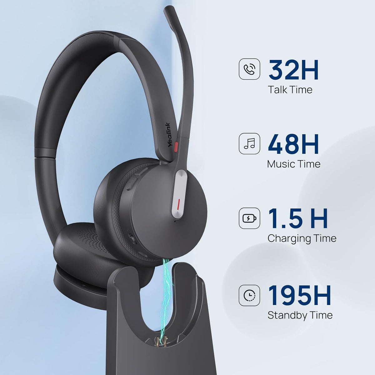 Yealink WH64 Hybrid DECT& Bluetooth Wireless Headset, 492ft Range Mono Teams UC Headphones with DECT Dongle & Charging Stand, 3X Mic, 26H Talk Time,Portable Single Headsets for PC,Cellphone,Laptop
