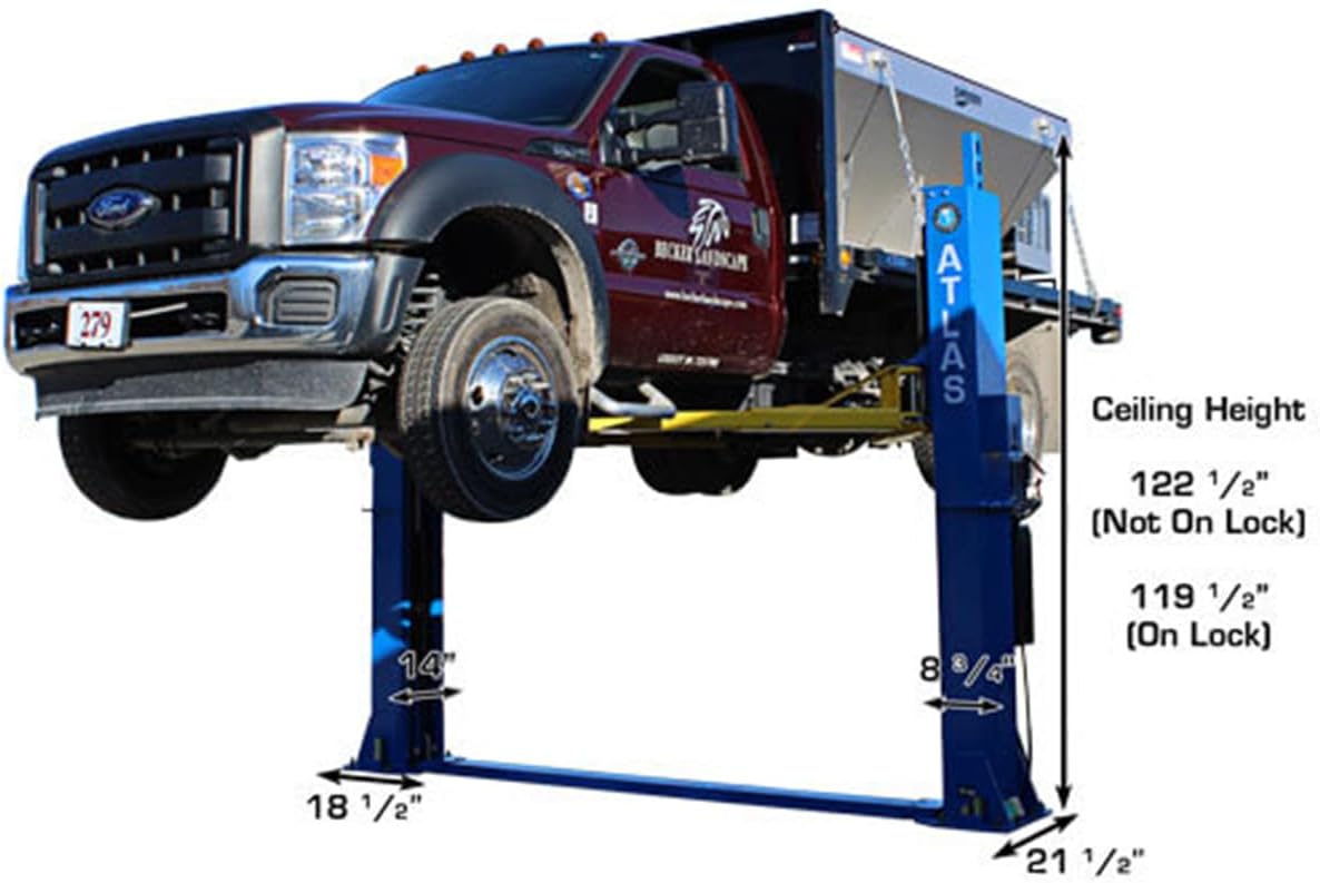 Atlas Automotive Equipment BP12000X 2-Post Commercial Grade Vehicle Lift, Baseplate, Open-top Style, 10’4” Minimum Ceiling Height, 12,000lb Capacity, 3-Stage Symmetric Arms, For Low Ceiling Garage Use