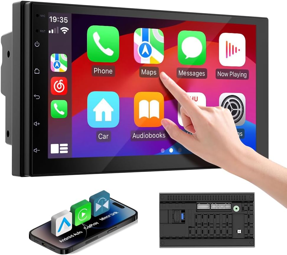 7 Inch Double Din carplay Screen,with Wireless CarPlay and Android Auto Car Stereo,HD Touch Car Radio with Mirror Link,Bluetooth,AUX,FM Transmitter for All Vehicle(No reversing Camera)