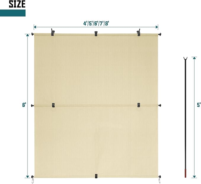Bynbbur 5'W x 7.5'H Outdoor Patio Shades Foldable Roller Blinds, 220 GSM Sun Shade Roll Up Porch Screens Exterior Shade Cloth for Deck Pergola Backyard, Beige