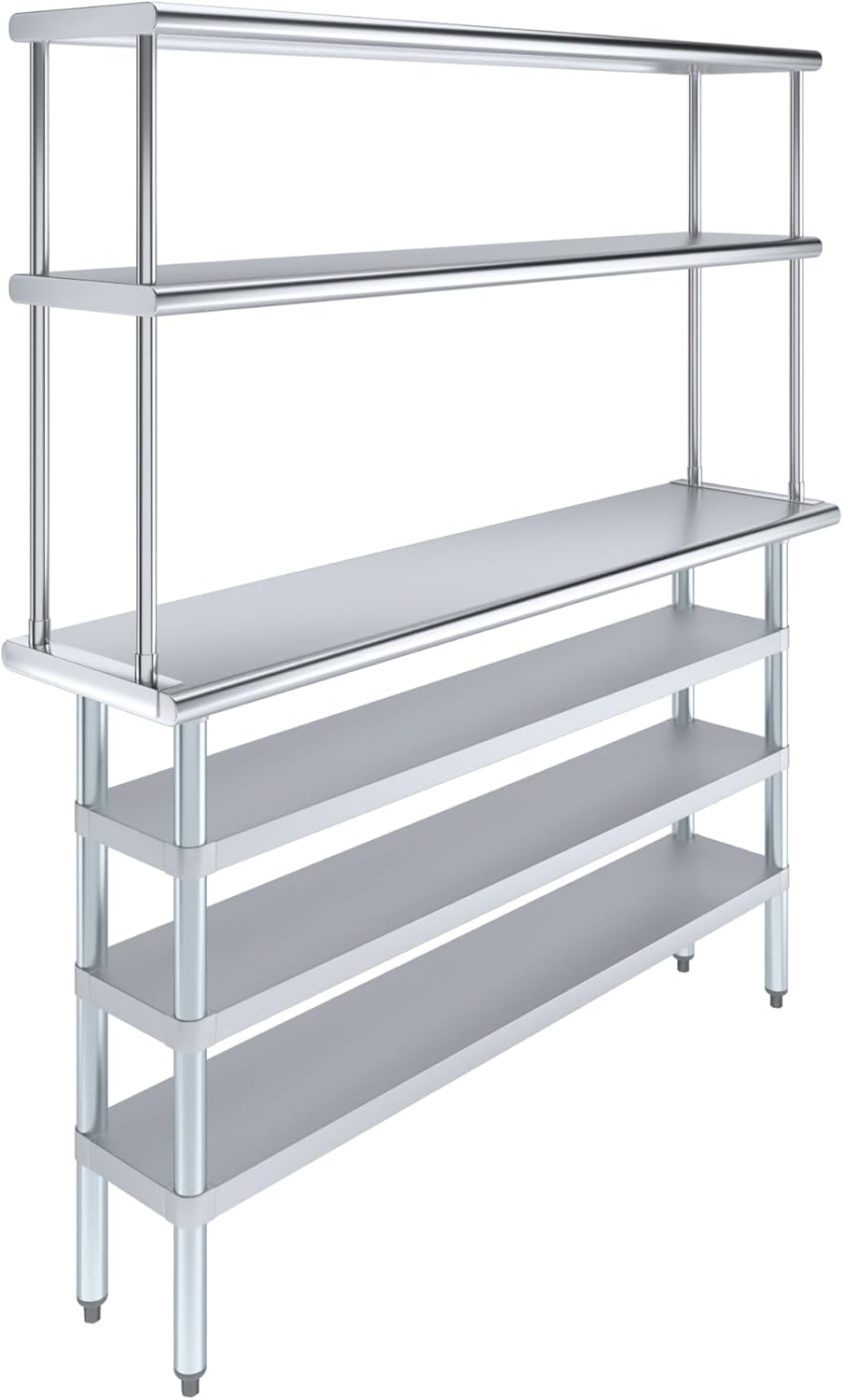 Amgood 14" x 60" Stainless Steel Work Table with 3 Shelves and 12" Wide Double Tier Overshelf | Metal Kitchen Prep Table & Shelving Combo | NSF