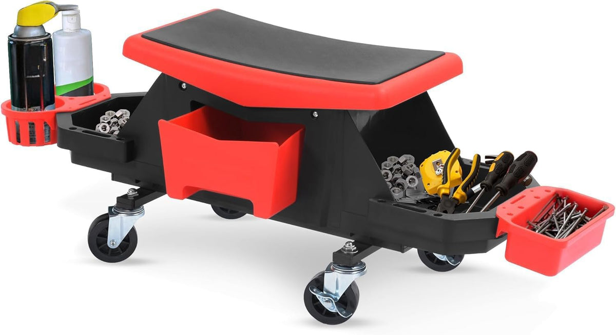 YITAHOME Detailing Stool with Wheels, Mechanics Seat With 2 Removable Trays and Drawer, Heavy Duty Rolling Garage Stool 330 LBS Capacity, Rolling Tool Seat for Automotive Auto Repair Car Wash Upgraded