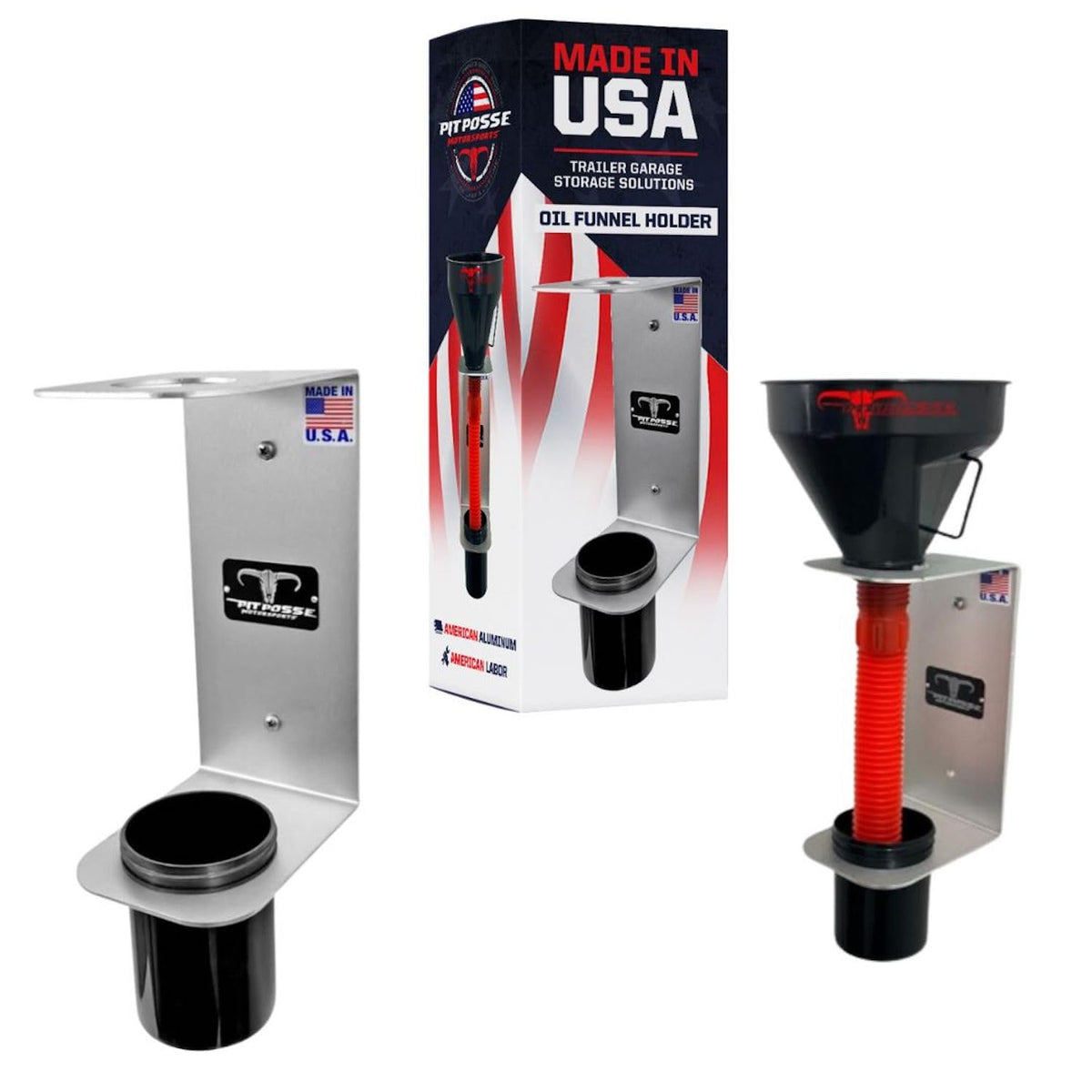 Pit Posse PP3364 Aluminum Oil Funnel Holder Storage Rack - Enclosed Trailer Garage Shop -Made in USA- Wall Mount Fluid Drain Funnel Caddy Hanger Automotive Organizer Removable Spill Free Universal Fit