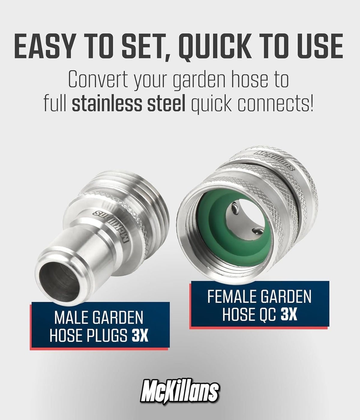McKillans® Water Hose Quick Connect [Universal FIT] 3 Pack - Stainless Steel Quick Connect - Garden Hose Quick Connect Stainless - Durable Quick Connect Garden Hose Fittings - Easy Instant Connection