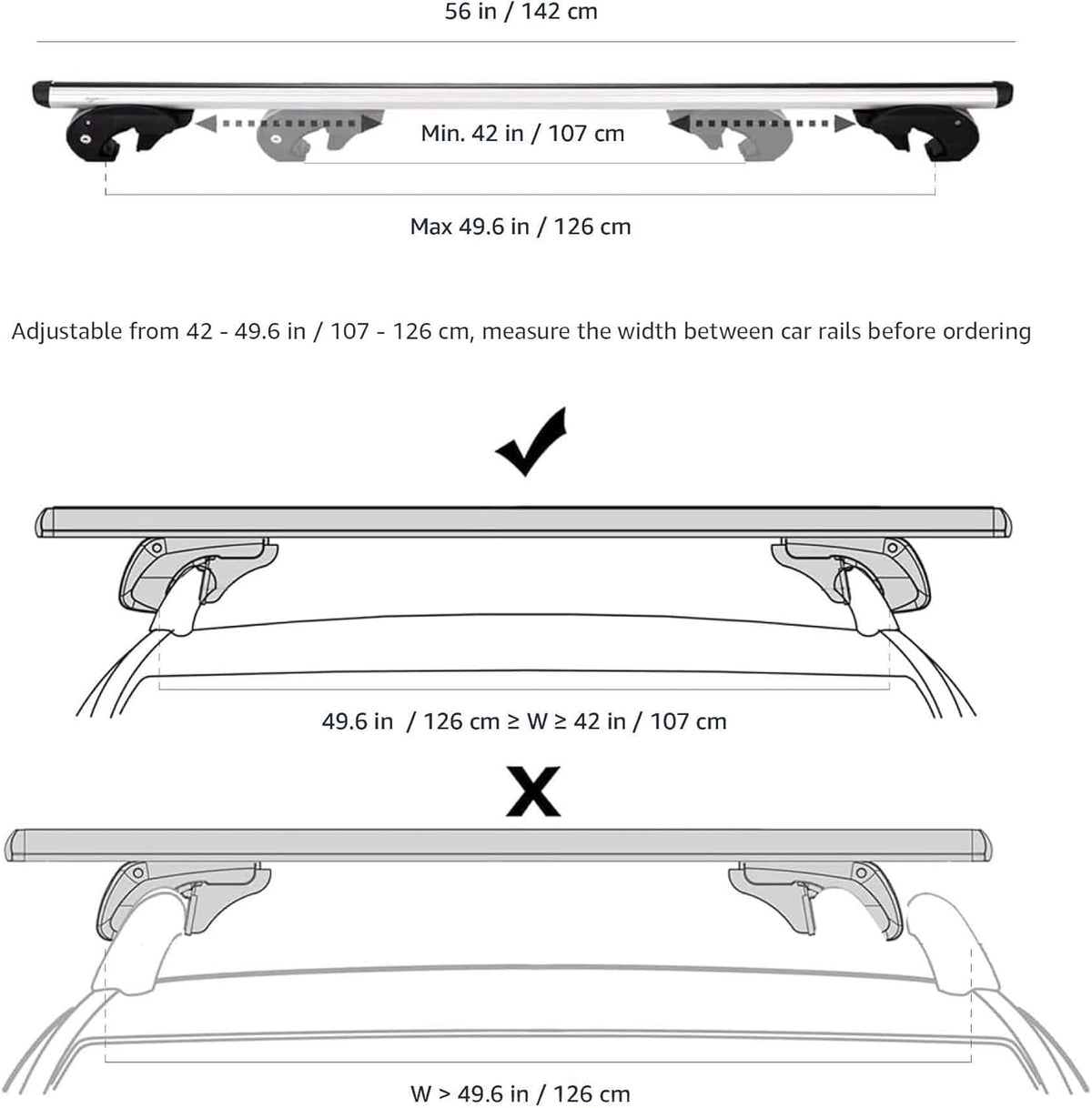 Amazon Basics Cross Rail Roof Rack, 56 inches, Fits up to 49.6" Spans between Raised Side Rails with Gap, Pack of 2, Black/Silver