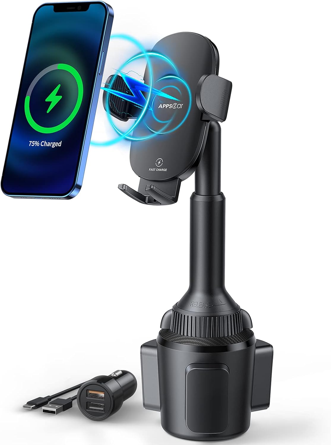 APPS2Car Car Cup Phone Holder Wireless Charger with QC 3.0 Adapter, 15 Watt Qi Fast Charging, Compatible with iPhone 11/12/13/14/15/16/Pro/Max/Plus and Universal All Models Phone Holder