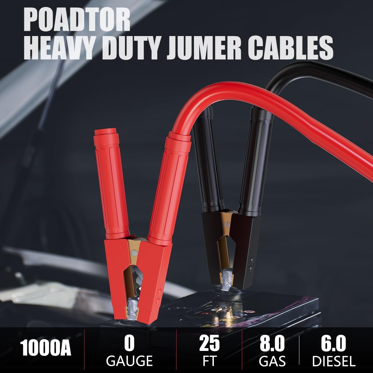 0 Gauge 25 Feet Jumper Cables for Car Battery, Heavy Duty Automotive Booster Cables 1000AMP for Jump Starting Dead or Weak Batteries with Carrying Bag Included, Suitable for 8L Gas & 6L Diesel