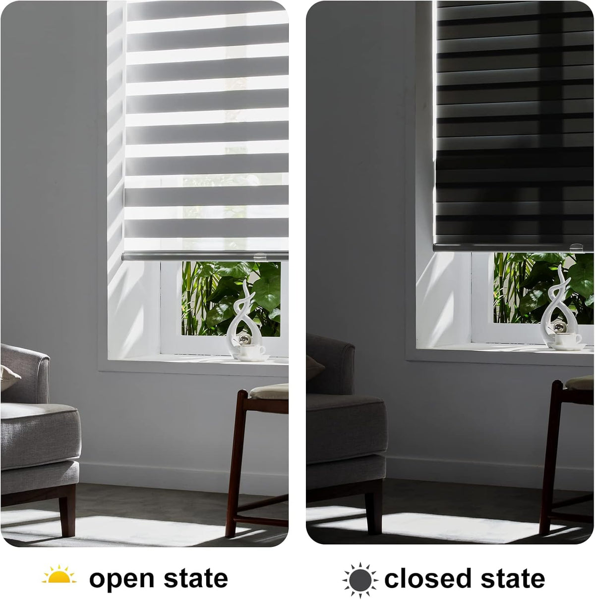 Persilux Cordless Zebra Blinds for Windows Free-Stop Roller Window Shades (39" W X 72" H, Grey) Dual Layer Light Control for Day and Night, Light Filtering Sheer Shades for Home, Easy to Install