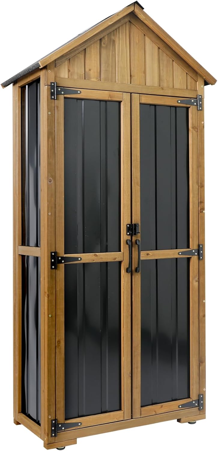 Wood & Metal Outdoor Storage Cabinet with Waterproof Roof, Garden Tool Shed with 6 T-Hinge, 4 Reinforced feet with Metal Brackets and 6 Adjustable feet, 3 Removable Shelves, 13.2X 31x 67IN
