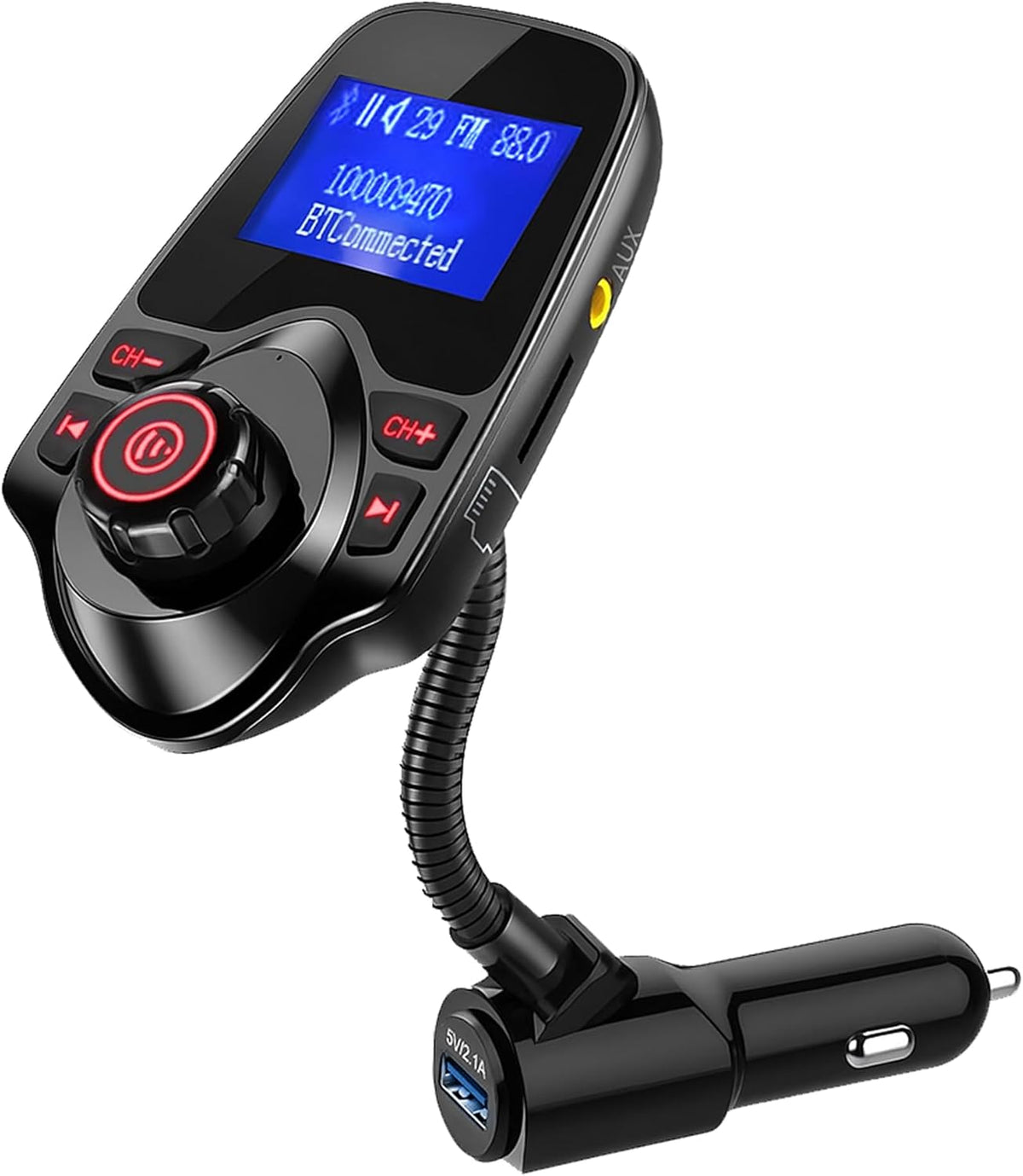 ONN Upgraded 2025 Car Bluetooth FM Transmitter – 1.44" Display, Flexible Gooseneck, Hands-Free Calls, Wireless Music Player, Radio Adapter, USB Charger, Micro SD Card & AUX Support