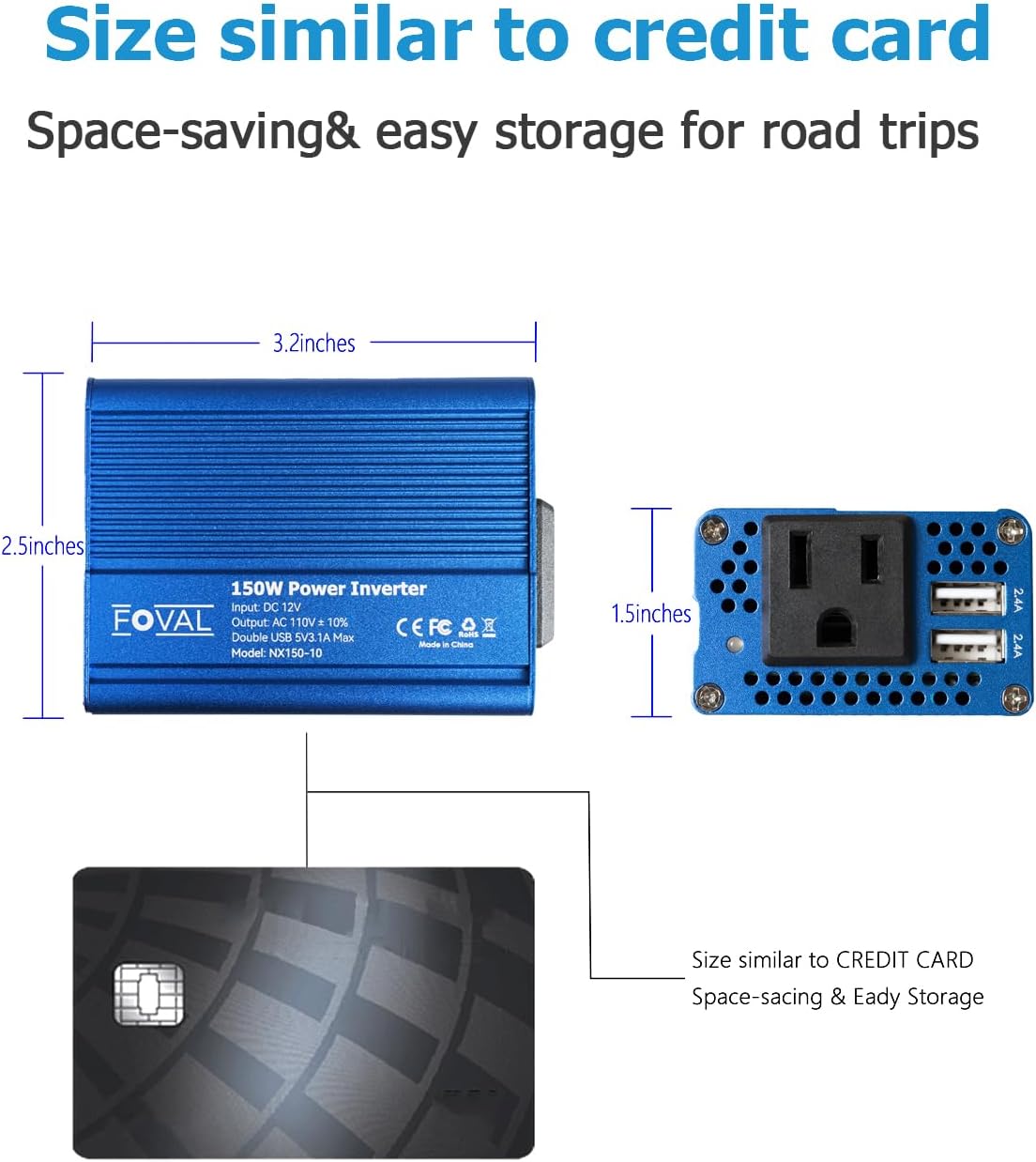 FOVAL 150W Car Power Inverter 12V DC to 110V AC Converter Vehicle Adapter Plug Outlet with 3.1A Dual USB Car Charger for Laptop Computer (Classic Blue)