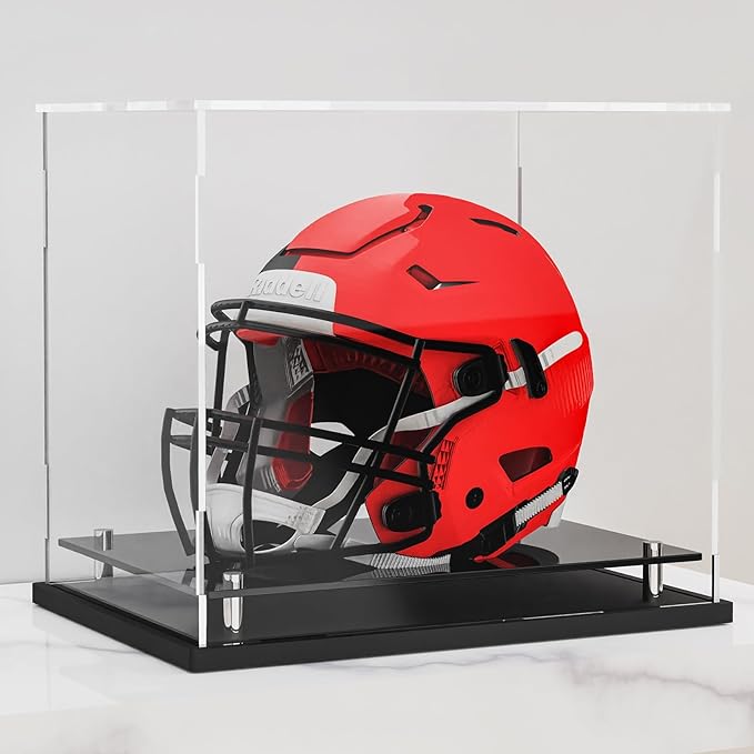 Football Helmet Display case Full Size,Self-Assembly Acrylic Helmet Display Case with Black Protection Holder Base,UV Protection Clear Sports Memorabilia Showcase for Basketball Sneakers