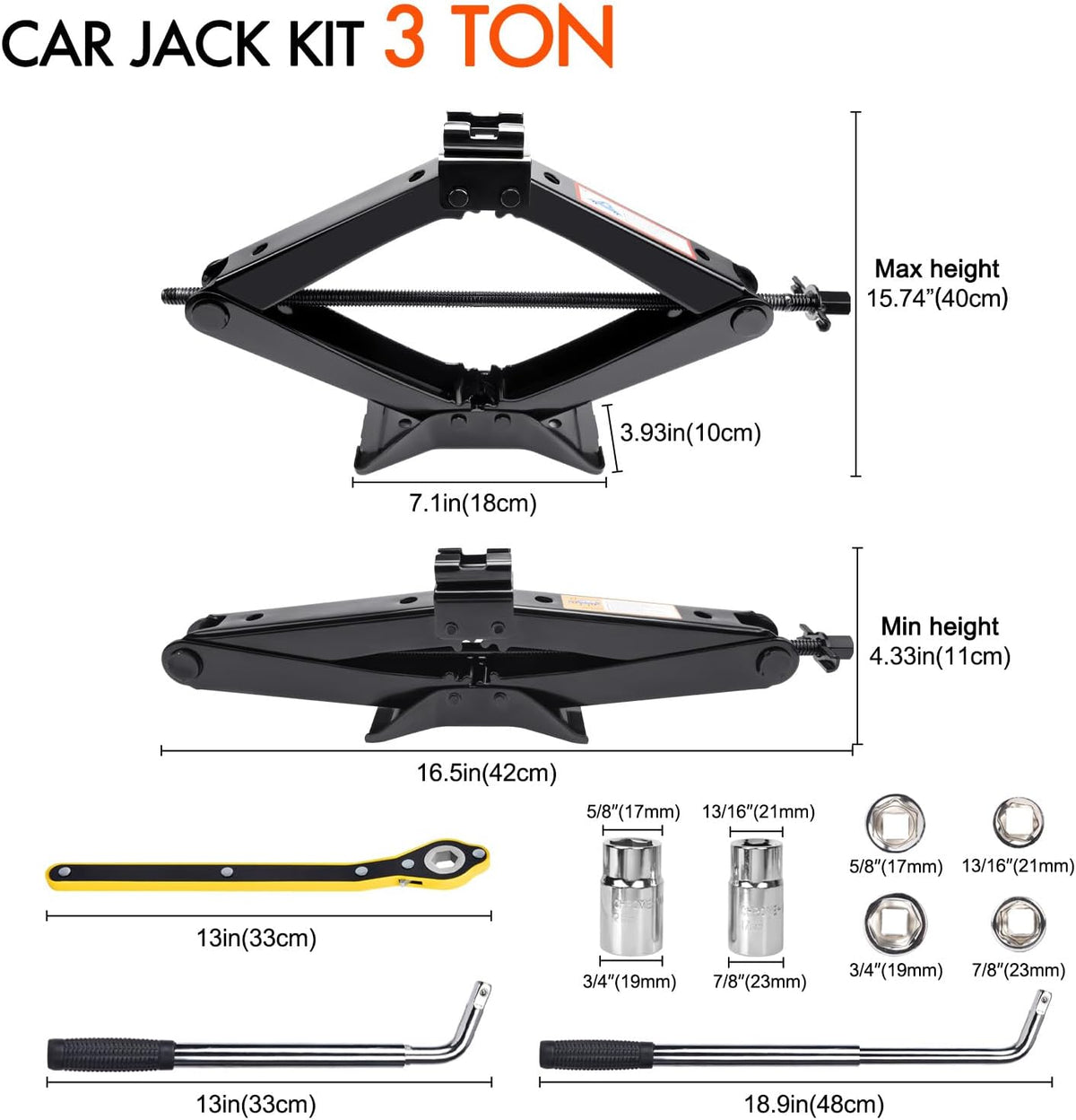 Scissor Car Jack 3 Ton (6610 lbs) Tire Changing Kit with Lug Wrench - Emergency Kit for Car, SUV, MPV