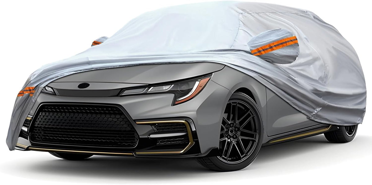 KEYOOG Car Cover, Fit for 178"-189" Length Sedan, 6-Layer All-Weather Waterproof, Universal in All Seasons, Snow Prevention, Rainproof, Acid Rainproof, Sunscreen, Orange Reflective Strip