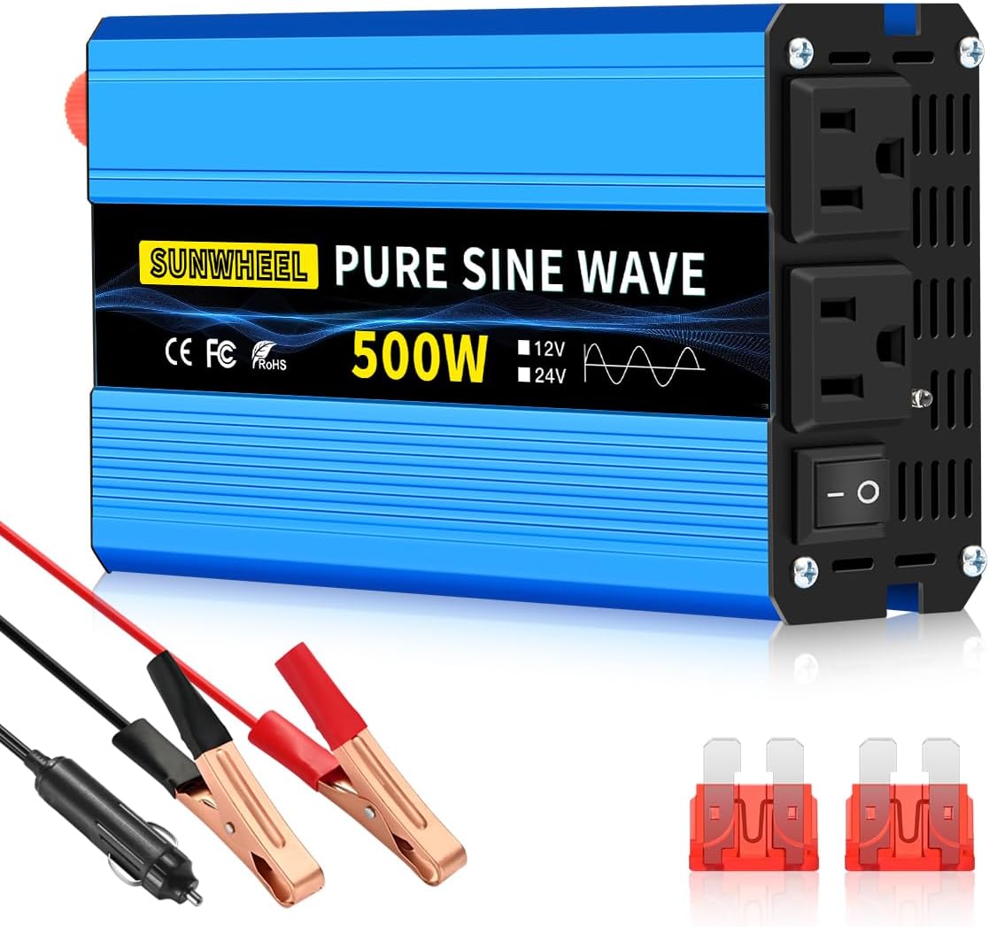 SUNWHEEL 500W Pure Sine Wave Inverter, 12V DC to 110V/120V AC Car Power Inverter with 2 AC outlets and LCD Display