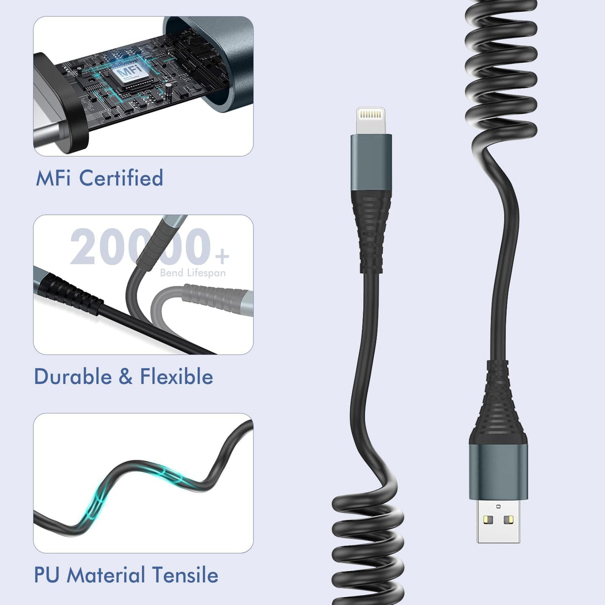 Heartbeats Coiled Lightning Cable 3FT 2 Pack MFi Certified Car iPhone Charger Cable，USB to Lightning Cable Compatible with iPhone 14/13/12/11 Pro Max/XS Max/XR/X/8/7/iPad