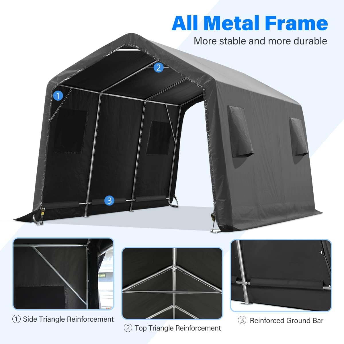 ADVANCE OUTDOOR 10X15 ft Garage Shelter Steel Metal Peak Roof Portable Storage Shed Carport for Motorcycle Boat, or Garden Tools with 2 Roll up Doors & Vents, Gray
