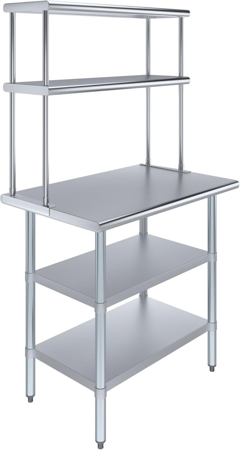 AmGood Stainless Steel Work Table with 2 Shelves | 24" x 36" Table with 2 Shelves + 12" Overshelf