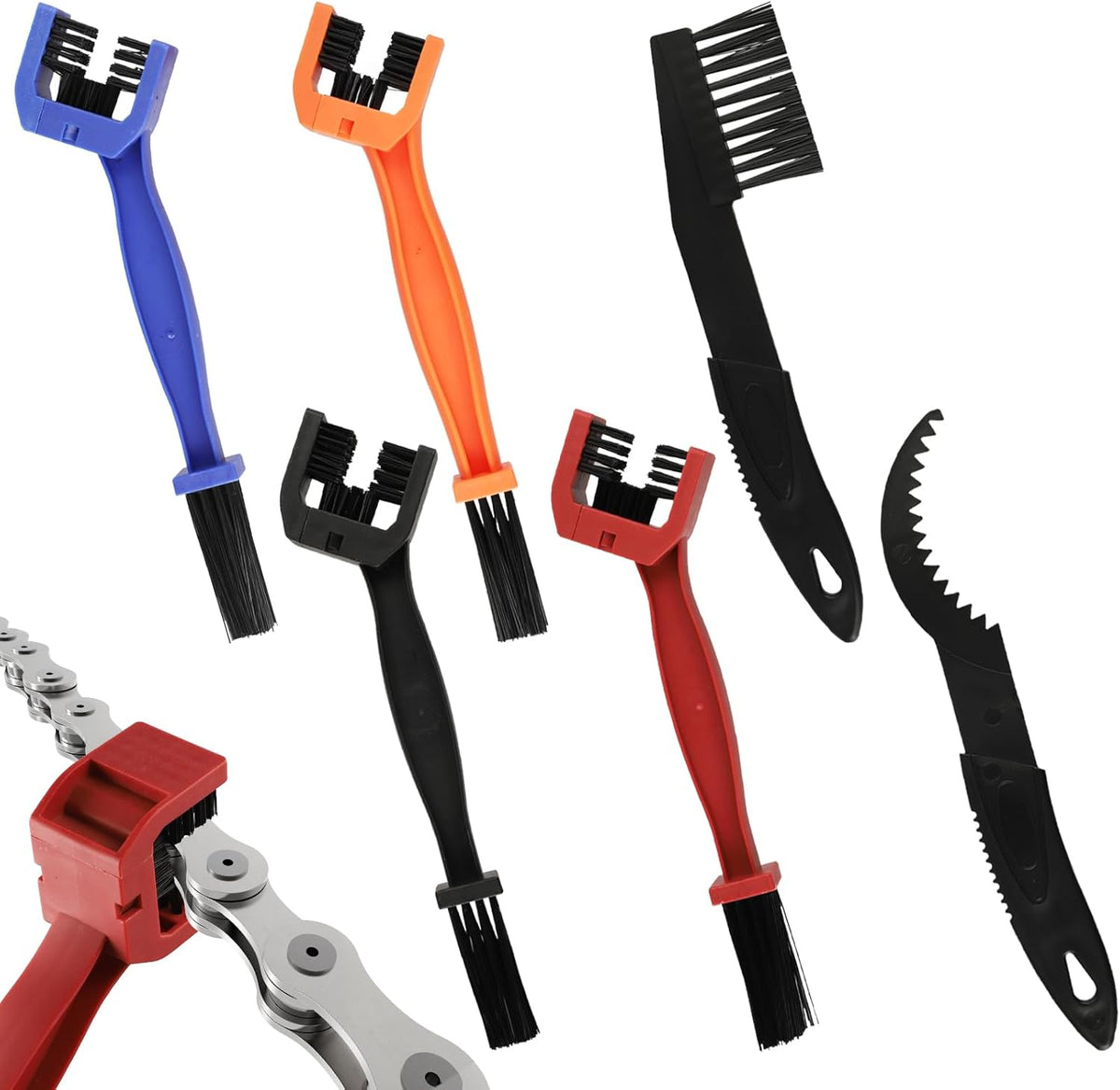 6 PCS Motorcycle Chain Cleaning Kit, Double-Head Universal Chain Brush, with Three-Sided Long Bristles, Easy to Use, Suitable for Motorcycles, Bicycles, Mountain Bikes (Black, Blue, Orange, Red)