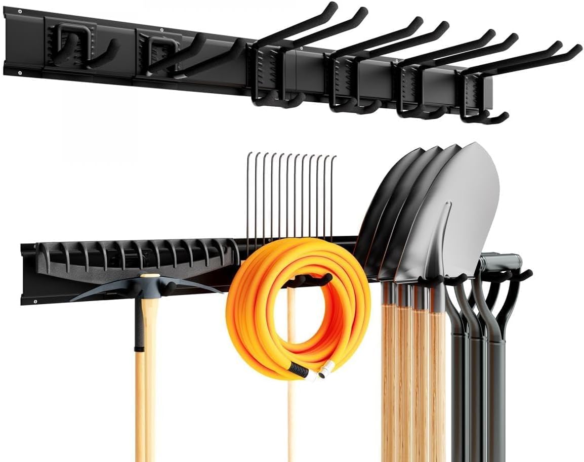 Garage Tool Organizer Wall Mount, Garage Storage, Garage Organization,64 Inch Garage Organizer Wall Mounted,4 Rails and 10 Adjustable Hooks,Max 550lbs (Black)