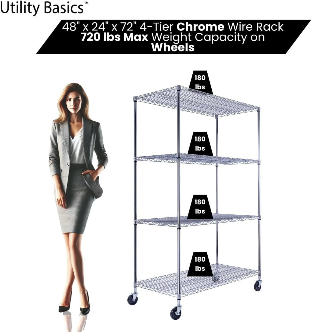 48"x24"x72" Chrome Premium Metal Steel Wire Shelving 4-Tier NSF 3200 LBS MAX Capacity Heavy Duty Storage Rack for Garages, Commercial Spaces, Hospitals, & Schools w/Premium Wheels