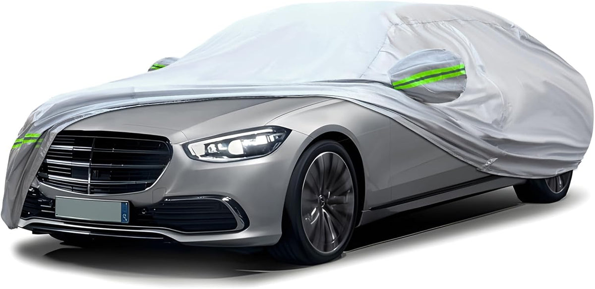 KEYOOG Sedan Car Cover, 6-Layer All-Weather Waterproof, Heavy Outdoor Car Cover, Universal in All Seasons, Snow Protection, Acid Rainproof, Sunscreen, Universally Fit to Sedan (206"-216")- Silvery