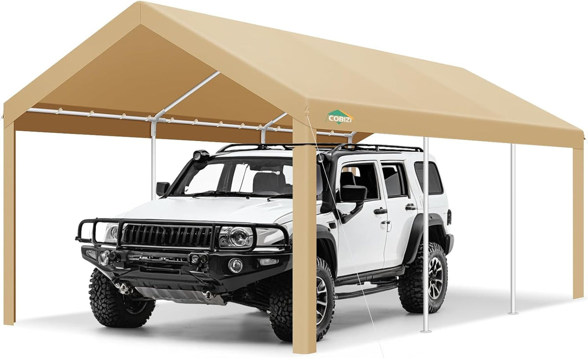 COBIZI Carport Canopy 12x20 Heavy Duty Car Tent Garage, Galvanized Frame Car Canopy Outdoor Shelter Waterproof & UV Protected with Built-in Sandbags & All-Season Tarp for Car Boat Truck, Khaki