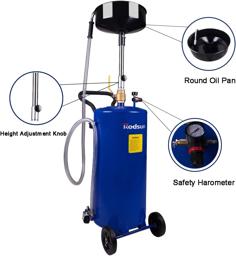 redsun 20 Gallon Waste Oil Drain Tank, Air Operated Oil Drainer Container with Adjustable Funnel Height, Portable Fluid Drain Disposal with Wheels for Auto Repair Shops, Garages (Blue)