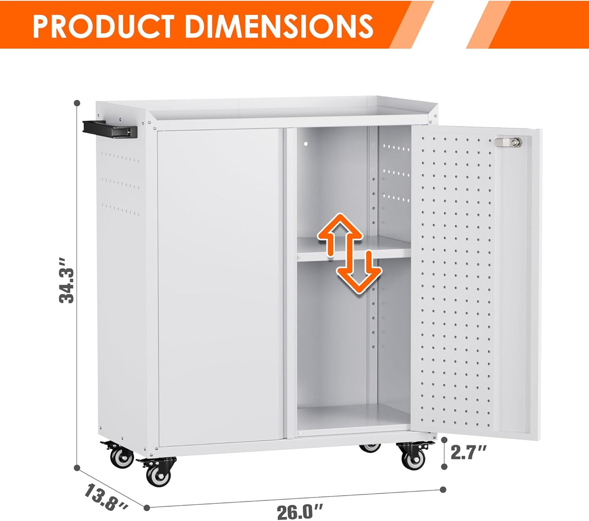 Garage Storage Cabinet with Wheels & Pegboard, 34.3" H Locking Metal Tool Storage Cabinet with Doors and Shelf & 4 Hooks for Garage, Home, Workshops, Assembly Required, White