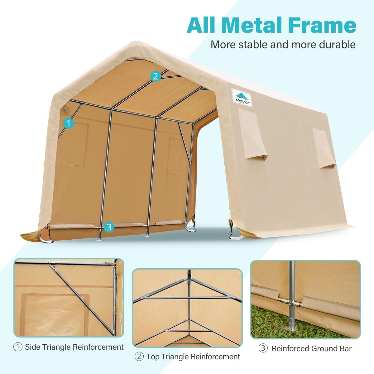 ADVANCE OUTDOOR 10X15 ft Garage Shelter Steel Metal Peak Roof Portable Storage Shed Carports for Motorcycle Boat, or Garden Tools with 2 Roll up Doors & Vents, Beige
