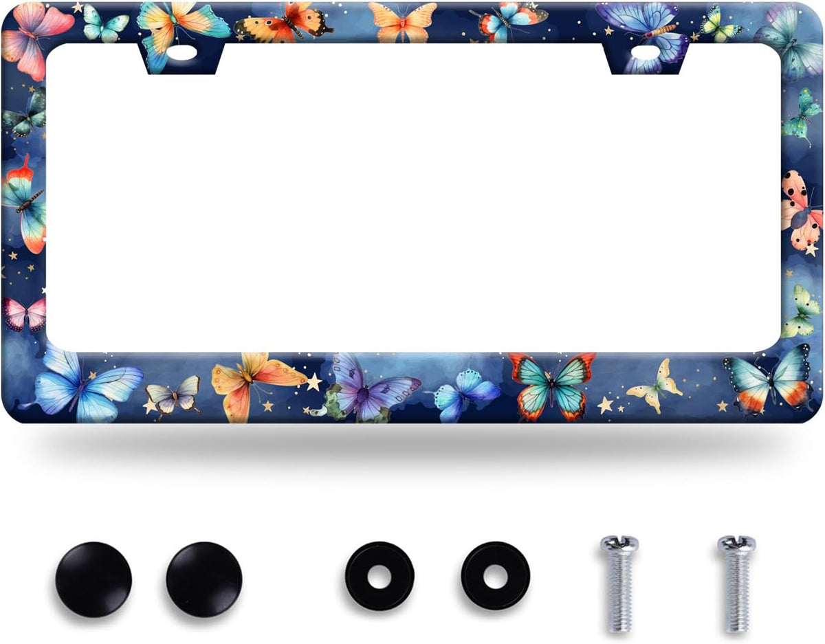 Colorful Butterfly License Plate Frame Fantasy Butterflies License Plate Frames Funny Stainless Steel Accessories Cars Decor with 2 Holes and Screws Fits Standard Us Ca Vehicles Holder 12.2 X 6 Inch