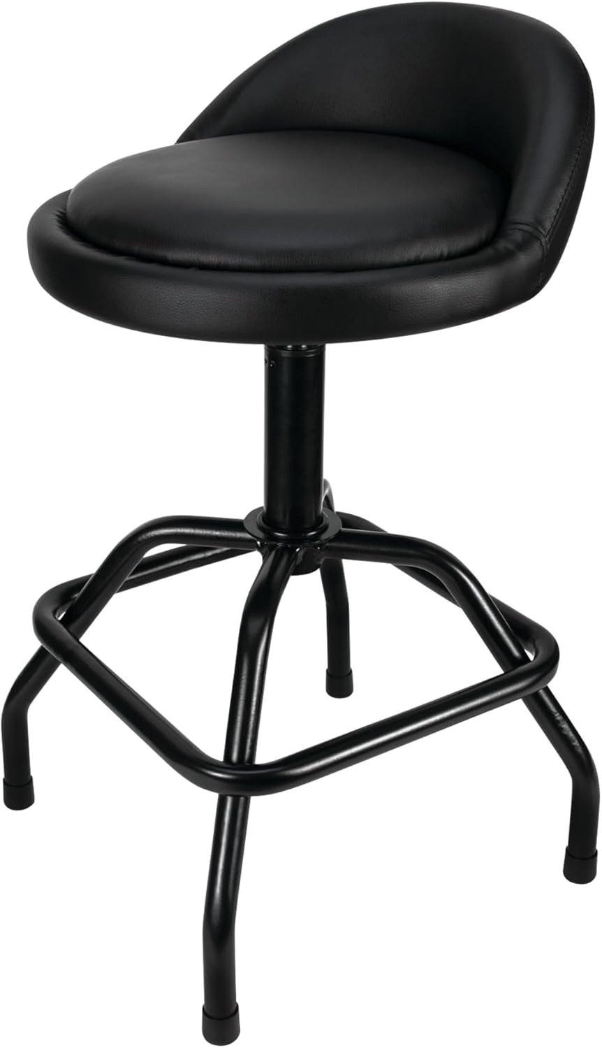 Performance Tool W85011 Pneumatic Swivel Bar Stool with Back Support, 360-Degree Swivel, Heavy Duty Steel Frame, Black
