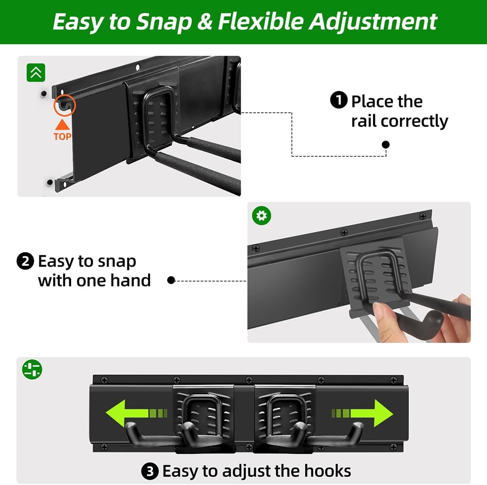 Garage Organization, Garage Wall Organizer with 48 inches Rails and 6 Hooks, Tool Organizers Heavy Duty, Shovel Holder Wall Mount Max Load 360 LBS, Sturdy Garden Tool Rack for Folding Chairs