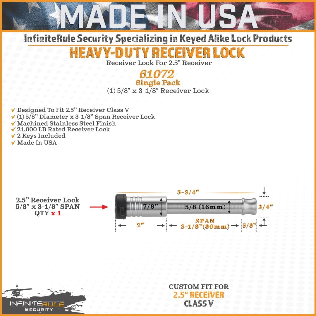 2" & 2.5" Receiver Lock, Heavy Duty Hitch Lock Pin, American Made In USA, Best Truck Accessories - Locking Hitch Pin, 5/8 Hitch Pin Lock, Anti-Theft Hitch Pin, Towing Accessories