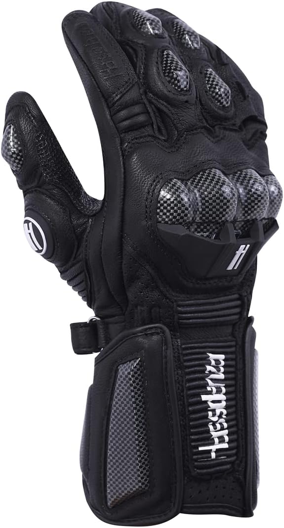 Harssidanzar Leather Motorcycle Gloves for Men and Women,Powersports Carbon Fiber Knuckle Protection Motorbike Gloves KM045