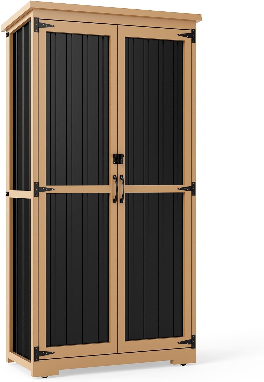 Outdoor Storage Cabinet Weatherproof,Wood & Metal Storage Shed with Adjustable Shelves & Lockable Doors,Vertical Outdoor Cabinets for Backyard Patio, Gardening Tools and Accessories,Brown