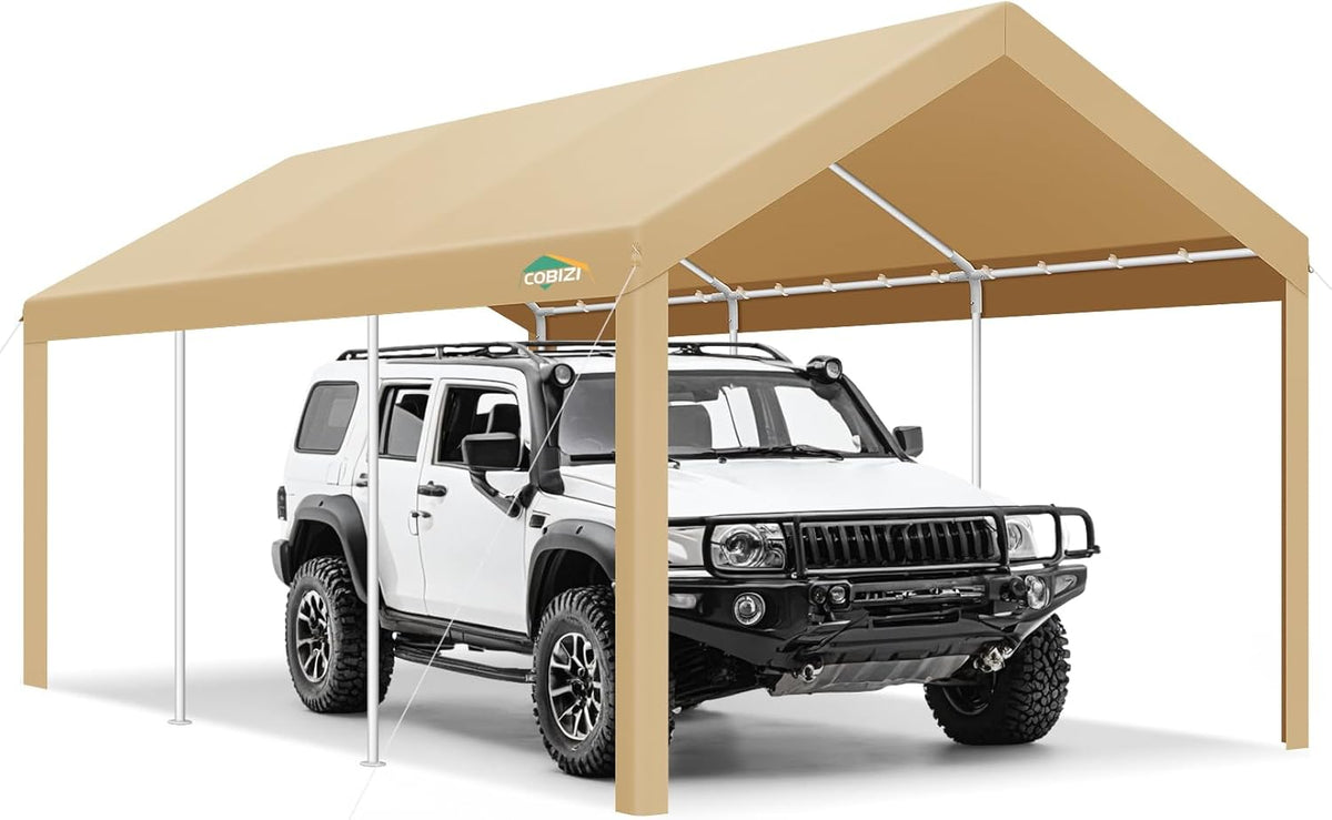 COBIZI Carports 10x20 Heavy Duty Car Tent Garage 2.0, Galvanized Frame Car Canopy Outdoor Shelter Waterproof & UV Protected with Windproof Ropes & Built-in Sandbags for Car Truck Boat, Khaki