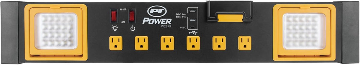 Performance Tool W2279 Commercial Grade Power Station with 6 Outlets, 2 USB Ports, Built-In Cradle, and LED Lights, Ideal for Workshops and Garages