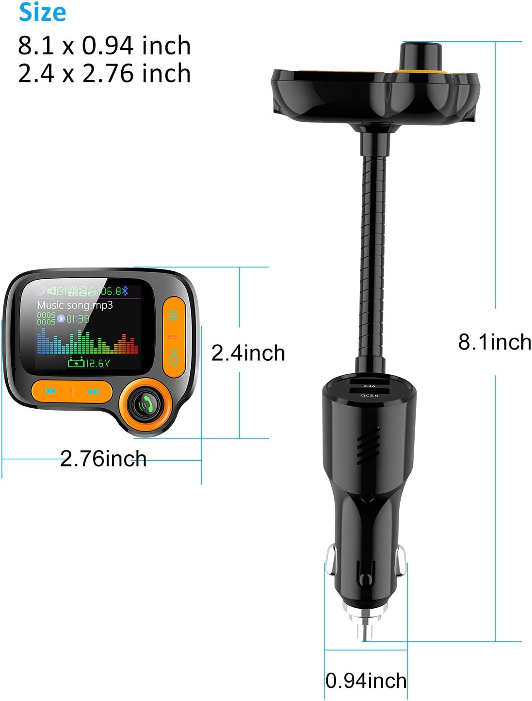 TSNAM Bluetooth FM Transmitter Car Adapter,Support Wireless Handsfree Call and MP3 Music/APP Audio Play,1.8" Color Screen,3 USB Charger,3.5mm AUX Port,Compatible with iPhone,iPad,Samsung and More