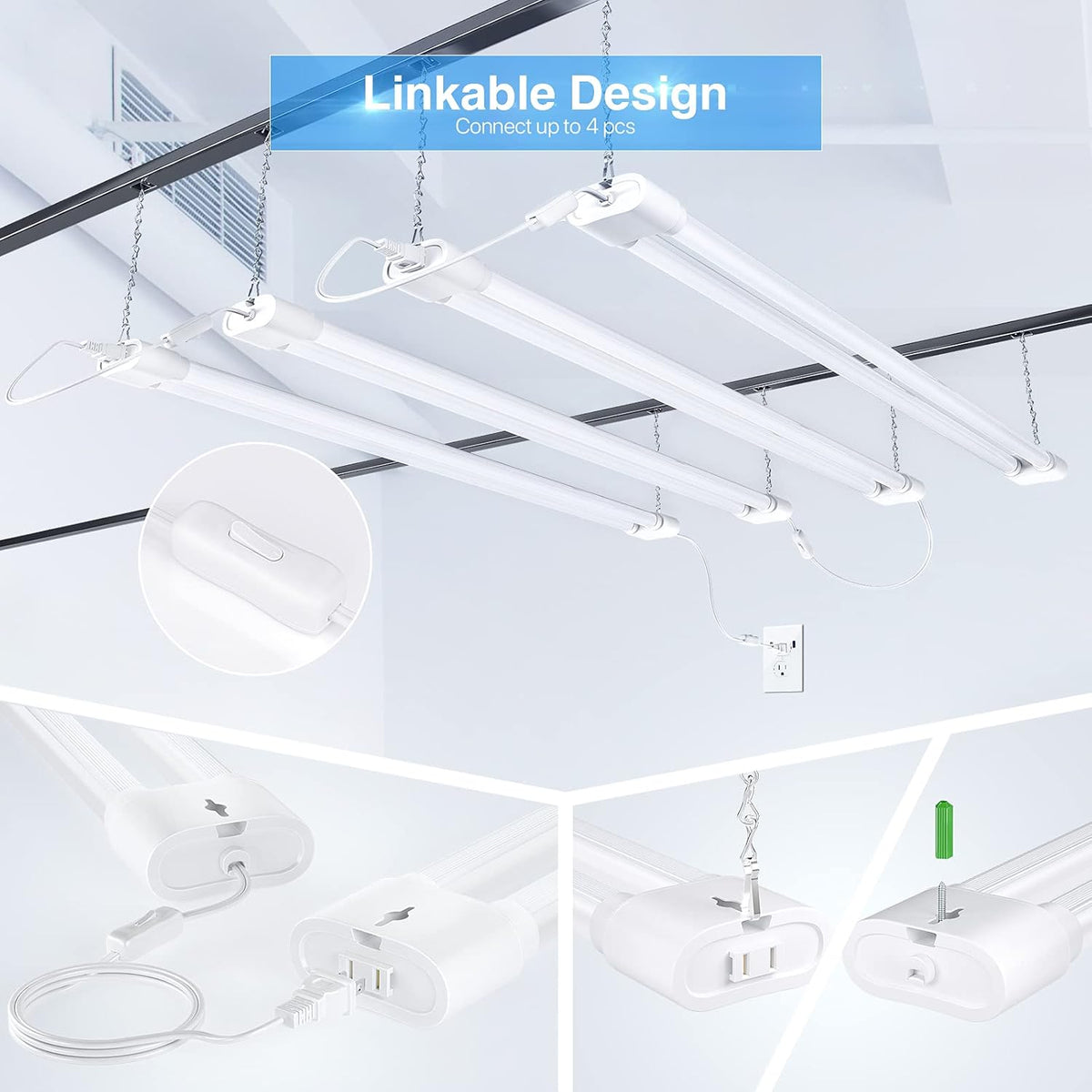 Ensenior 10 Pack Linkable Led Shop Light 4ft for Garage, 4400 High Lumens, 36W Equivalent 280W, 5000K Daylight, 48 Inch Utility shop led lights, Surface or Hanging Mount Fixtures, White, ETL Certified