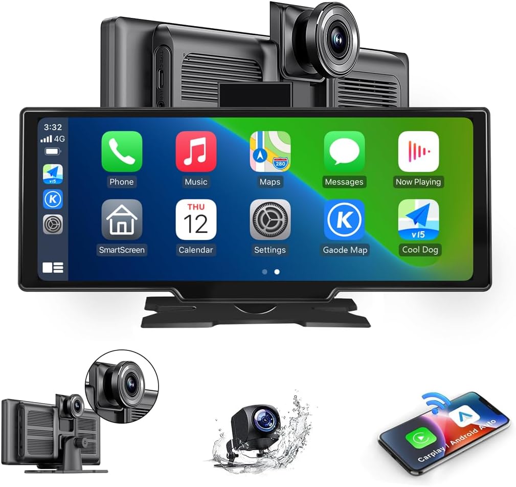 Portable Carplay Screen for Car 9.28" Carplay & Android Auto Car Touch Stereo, with 4K Dash Cam, 1080p Rear Camera,Bluetooth,Touch Screen GPS Navigation,Mirror Link, AirPlay, AUX/FM, Siri
