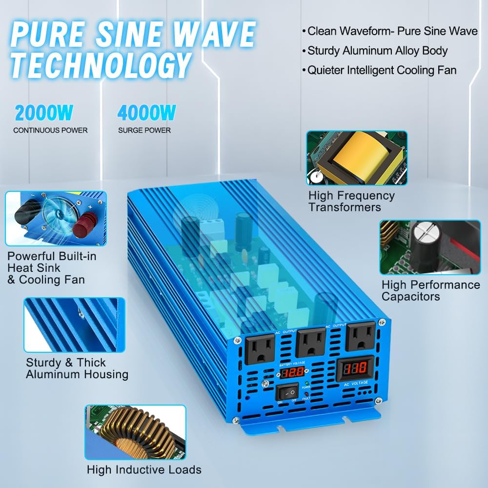 LVYUAN 2000 Watt Pure Sine Wave Inverter 12V to 110V 120V DC to AC with 3 AC Sockets, LED Display, Car Power Inverter for Vehicles Home RV Camping Truck Solar System