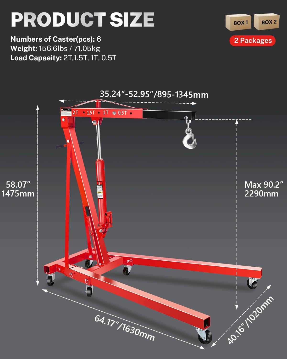 2-Ton Folding Engine Hoist, Hydraulic Shop Crane with 6 Swivel Wheels & Adjustable Boom (0.5T-2T), Heavy-Duty Cherry Picker for Garage, Workshop, Truck, Farm (Net Wt. 157 lbs)