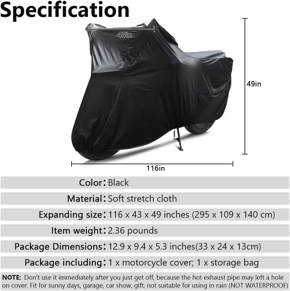 Motorcycle Cover Soft Stretch Waterproof Motor Cover Dustproof Durable Motorbike Cover for Indoor and Outdoor, 116 inches