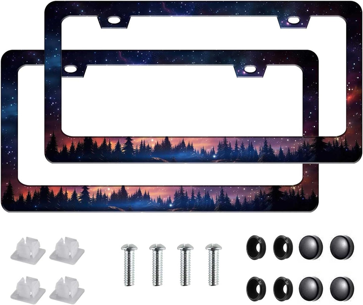 Universal License Plate Frame - Heavy Duty Rustproof Aluminum Matte Black Car Tag Holder Bracket Fits All US States, Easy Install with Screws Included (Starry SkStarry Sky Galaxy-2pcy Galaxy-2pc)